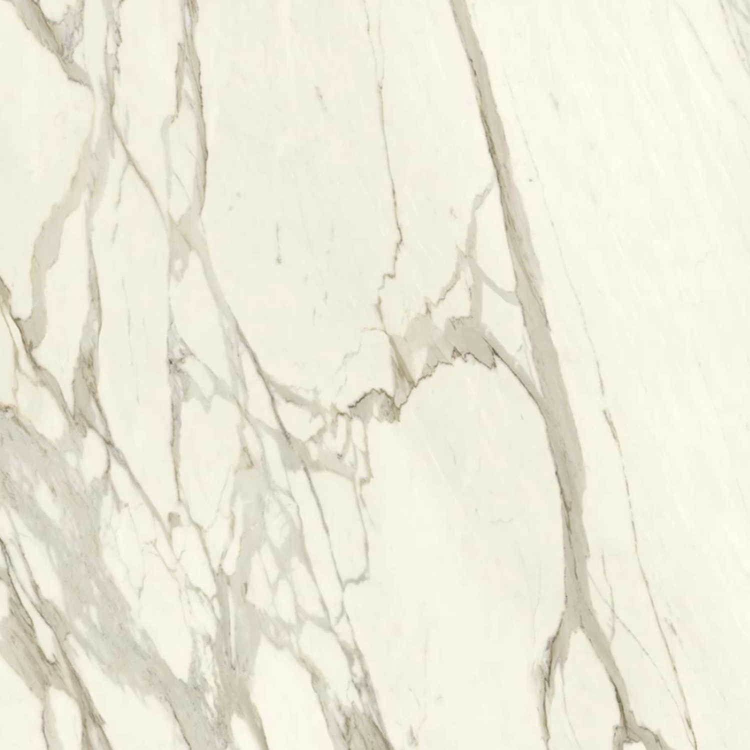 Calacatta Borghini / Bernini features a white marble surface adorned with light grey and taupe veins, forming an abstract, natural pattern. Its smooth, polished background is highlighted by intersecting lines and organic shapes.