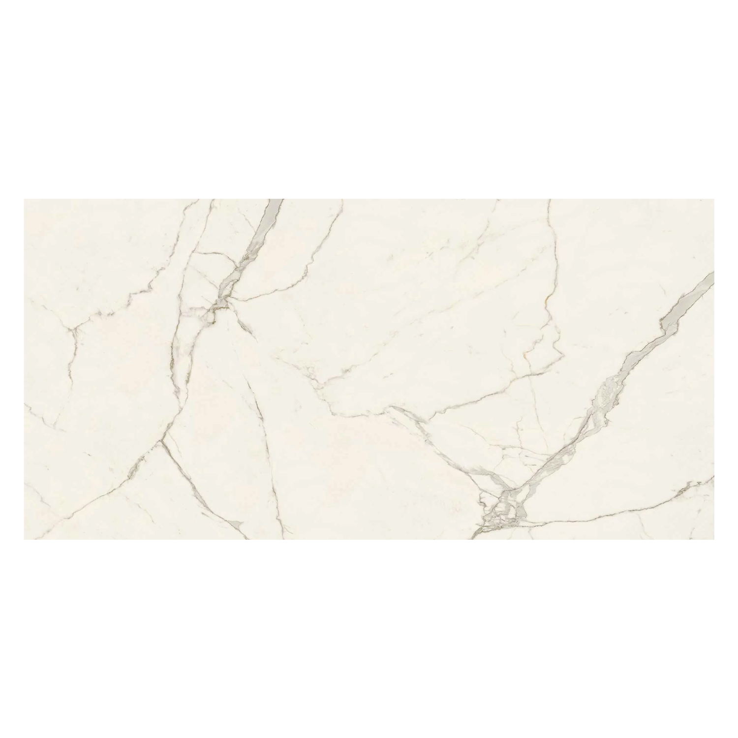 Calacatta Extra A Bookmatch features a white marble slab with subtle gray veining running diagonally and intersecting, creating a natural, elegant pattern on a smooth surface.