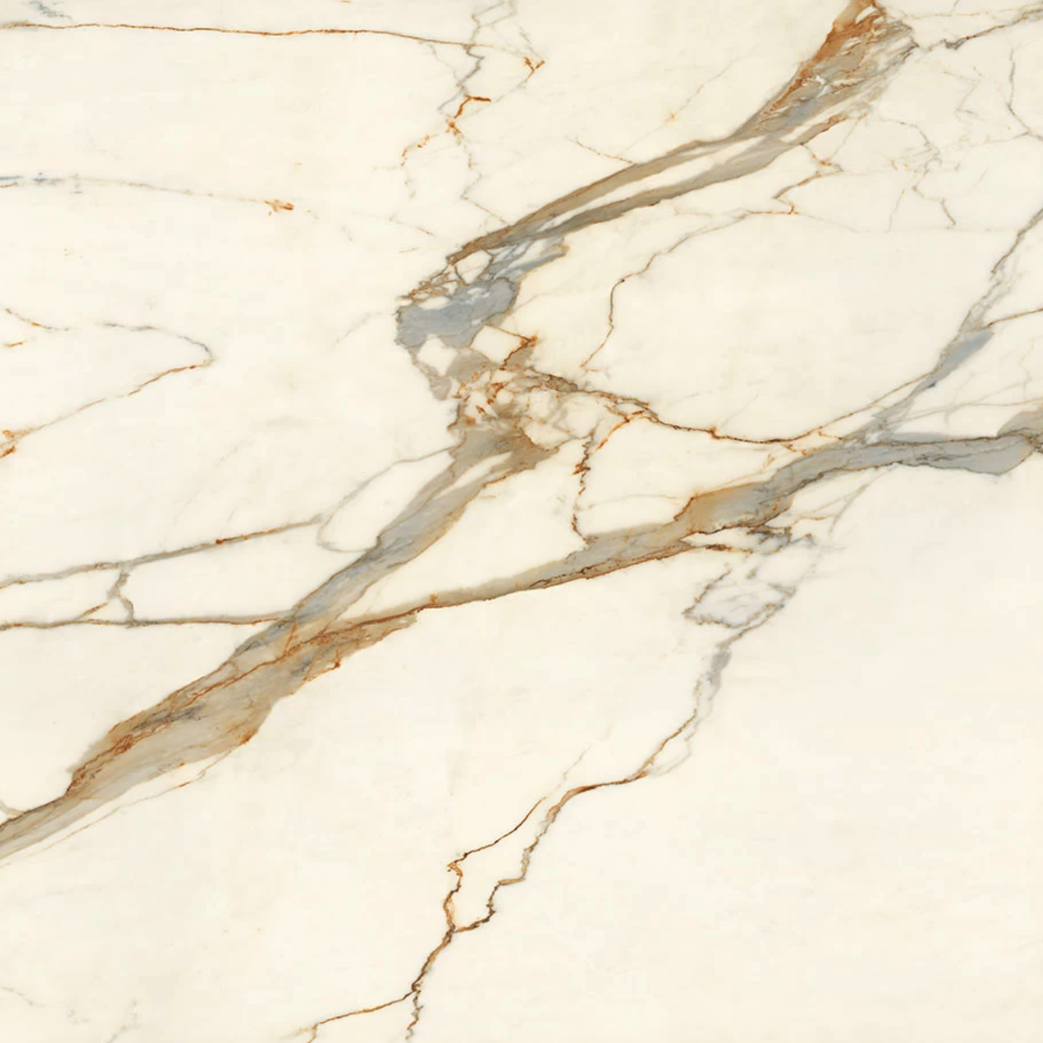 Featuring Calacatta Imperiale's white marble surface, this stone showcases elegant gray and gold veining running diagonally to create a sophisticated, natural pattern on its smooth background.