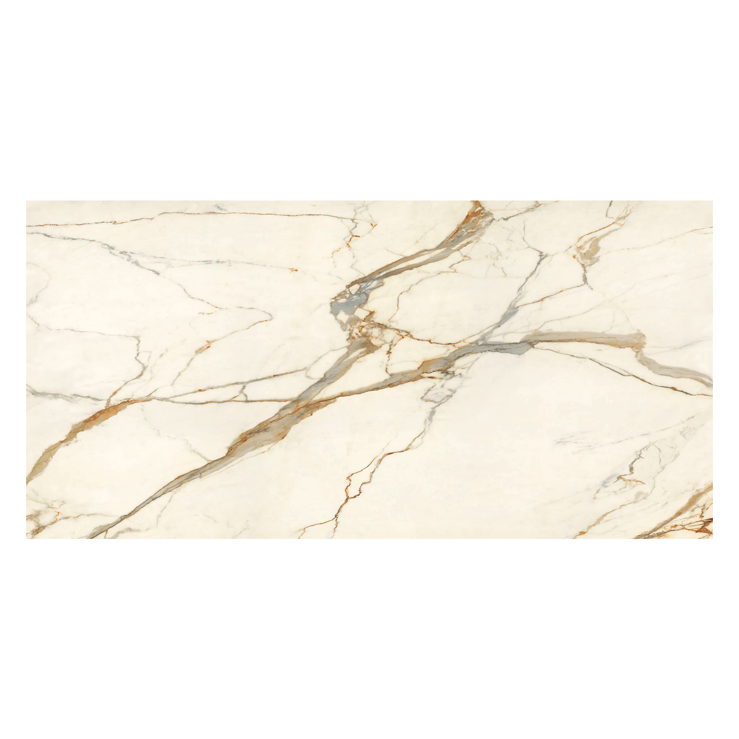 A rectangular slab of Calacatta Imperiale marble in light beige, featuring distinctive gray and gold veining patterns that run diagonally across its surface, set against a plain white background.