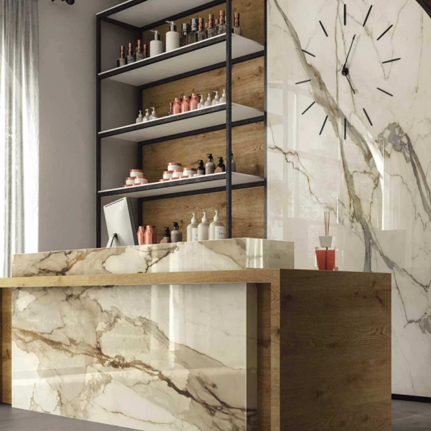 Modern reception area featuring a marble and wood desk, shelves displaying bottles and products, and a large Calacatta Imperiale marble wall adorned with a minimalist black clock. Sunlight streams in through sheer curtains on the left.