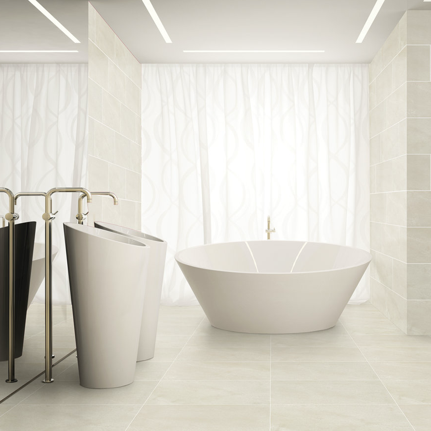 Modern bathroom featuring a large round white bathtub, two tall white vessel sinks, sheer curtains with a wavy pattern, and elegant Carrara Select - Carrara Gioia tiles on the floors and walls.