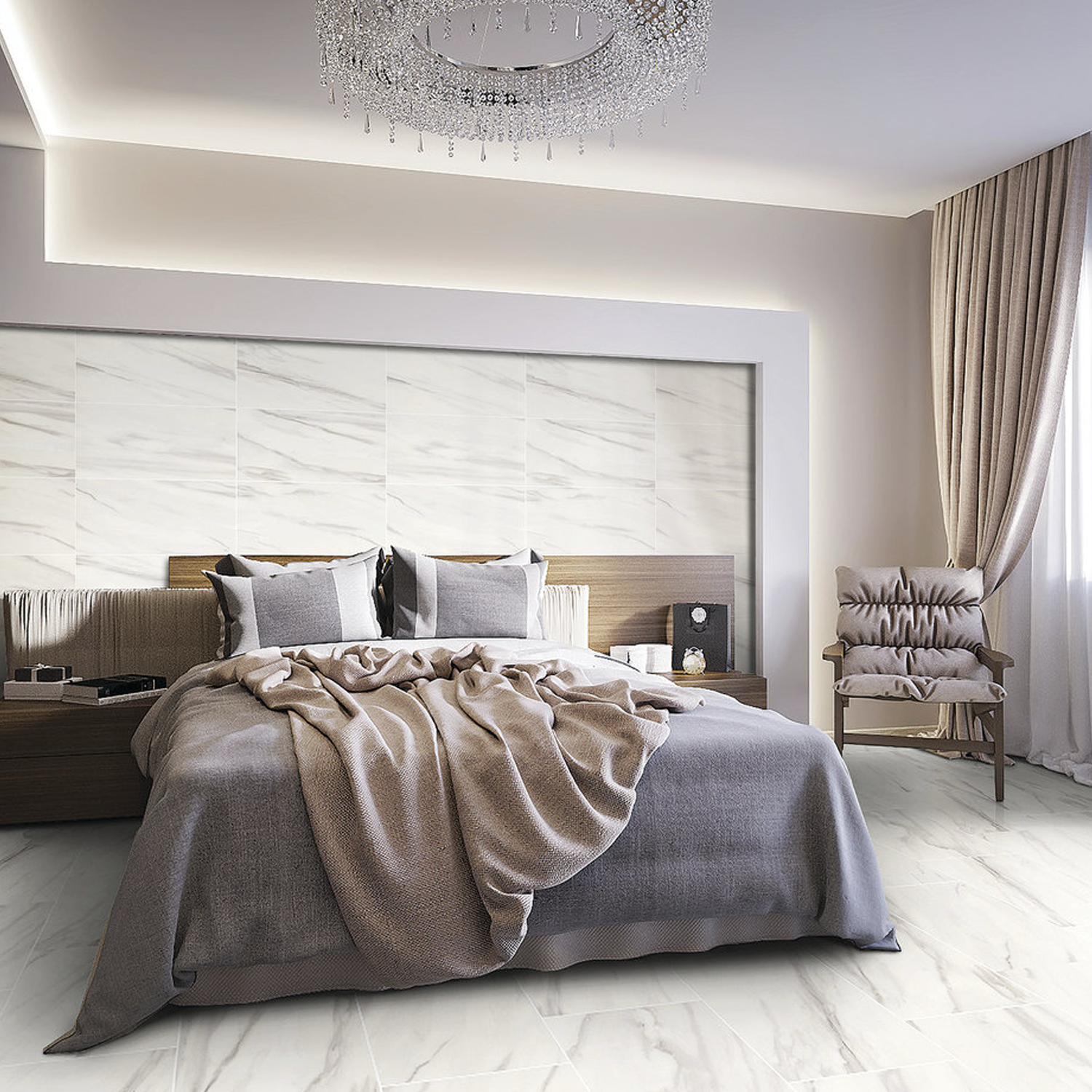 Modern bedroom featuring a large bed with gray and beige bedding, a wooden headboard, side tables, an armchair with pillows, light curtains, Carrara Select - Carrara Venato marble floors, and a crystal chandelier.