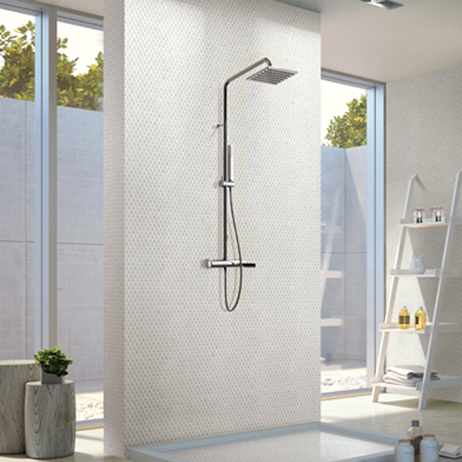 Bright and modern bathroom featuring the Chameleon - Opal shower, which includes a square rain showerhead and a handheld sprayer, set against a textured white wall. Large windows fill the space with light, while potted plants and shelves with toiletries complete the serene atmosphere.