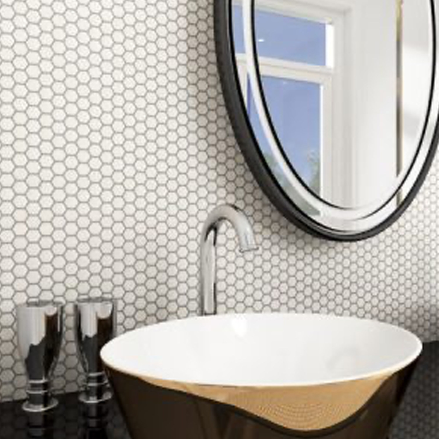 Modern bathroom featuring the Chameleon - Opal round vessel sink, complemented by a tall silver faucet, two cups, hexagon tile backsplash, and a round mirror reflecting a sunlit window.