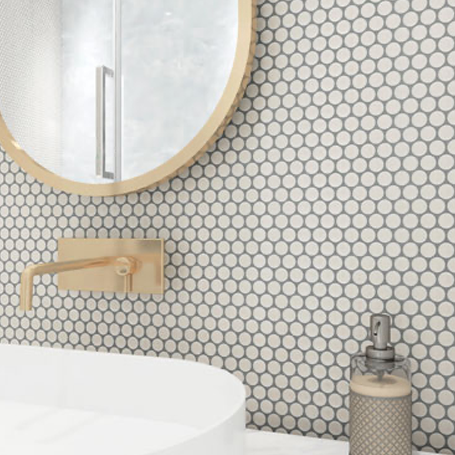 Modern bathroom featuring a round mirror, Chameleon - Opal honeycomb tile backsplash, wall-mounted faucet, white sink, and a beige soap dispenser on the countertop.