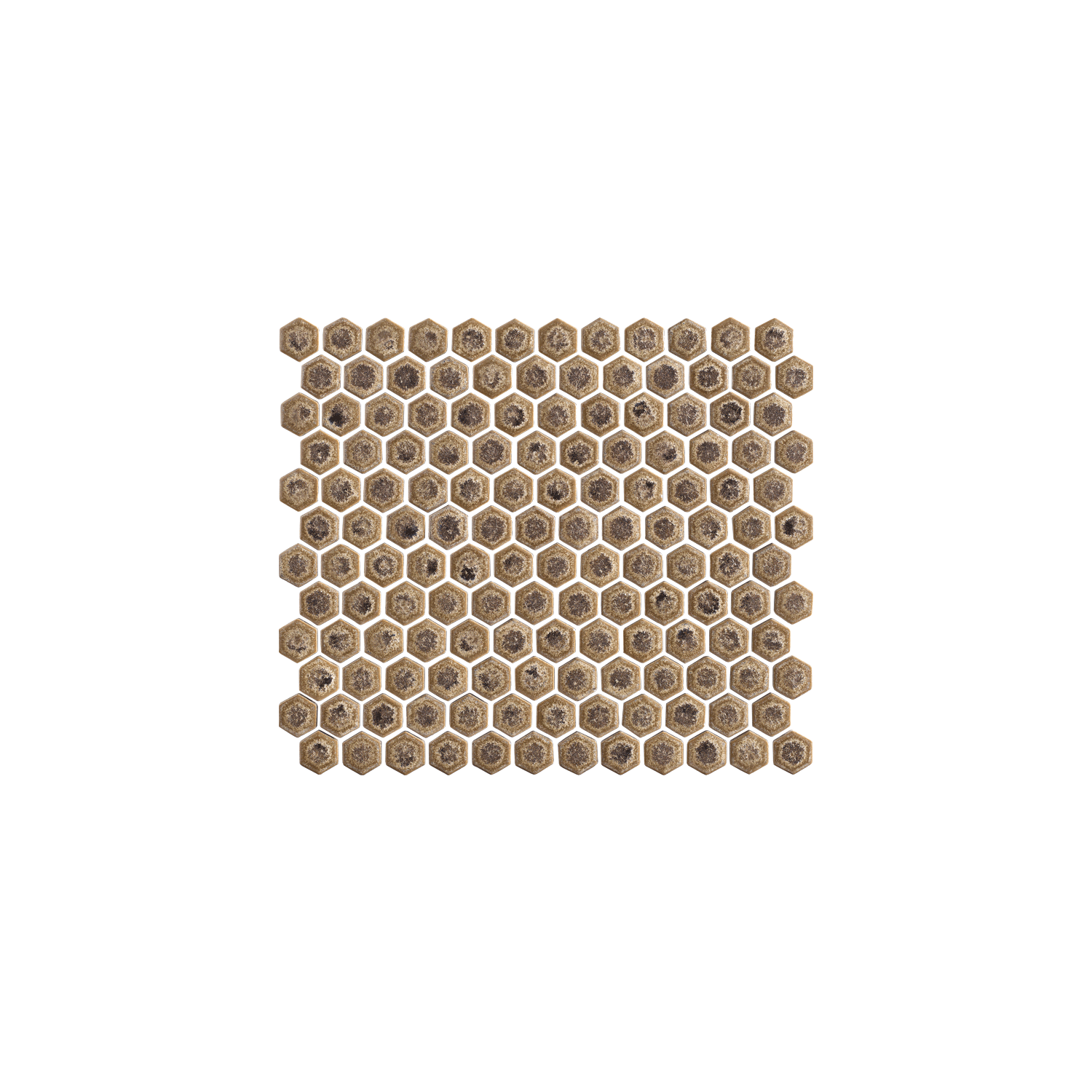 A grid of small, brown hexagonal tiles from the Chameleon - Rustic Sunset collection is arranged in a rectangular pattern on a white background.