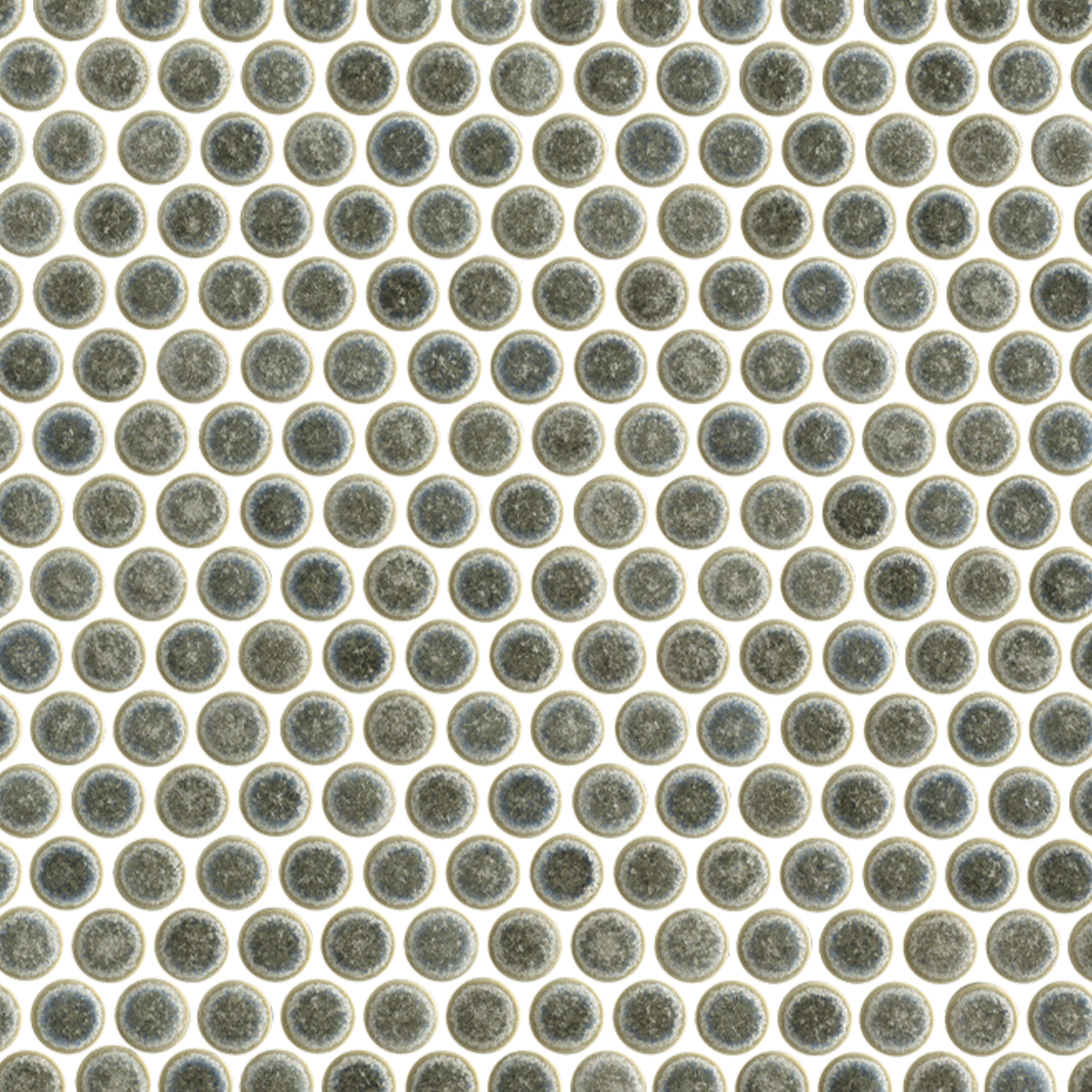 A close-up view of a mosaic surface made of round, sage green tiles from the Chameleon collection, arranged in a repeating grid pattern with white grout separating each tile.