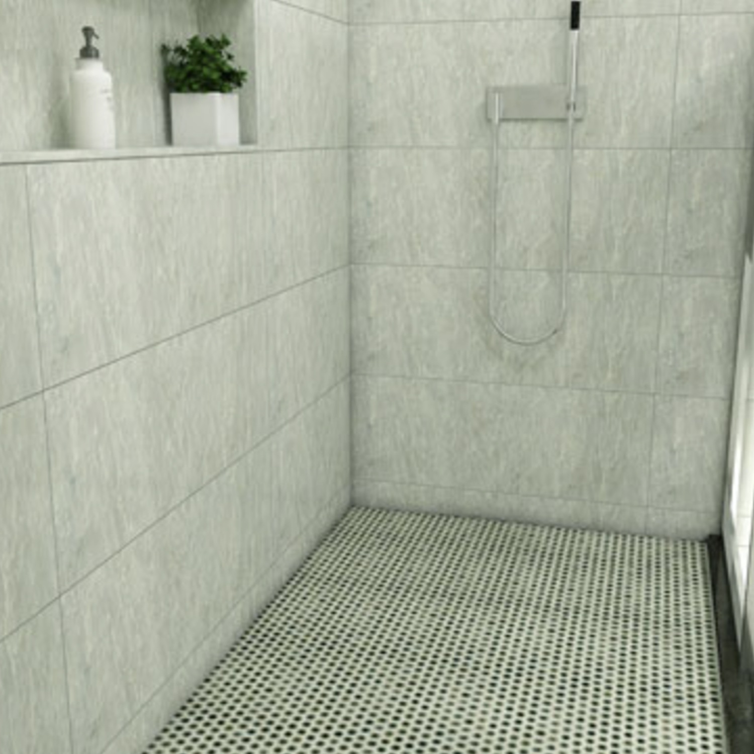 Modern shower with Chameleon - Sage Green tiled walls, a built-in shelf holding a plant and a bottle, a simple wall-mounted shower head, and a floor with small black and white hexagon tiles.