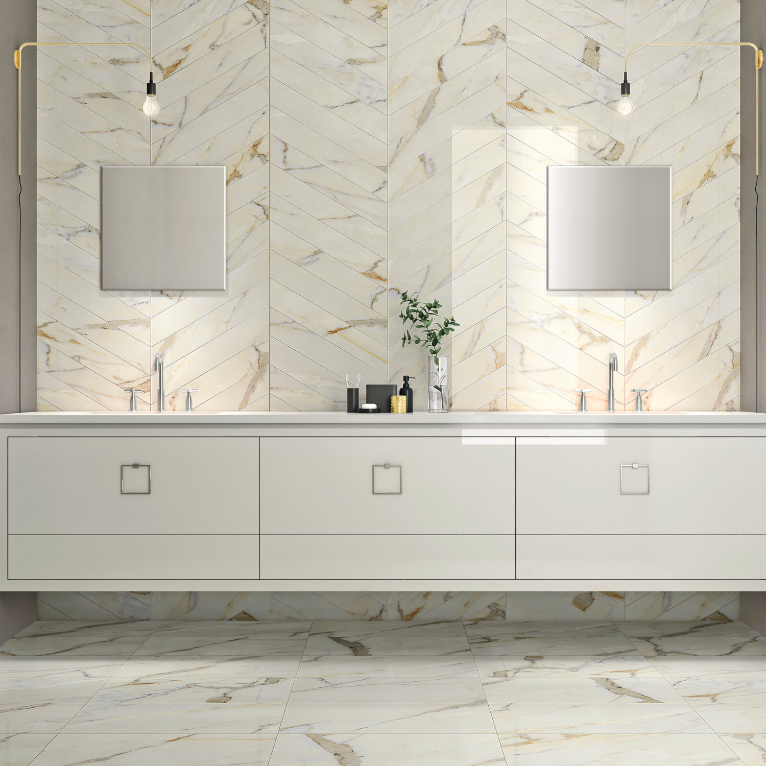 Modern bathroom featuring Classic 2.0 - Calacatta Oro marble tiles on the walls and floor, double sinks with two mirrors, pendant lighting, and minimal decor. The clean, sleek design showcases light tones and gold accents throughout.