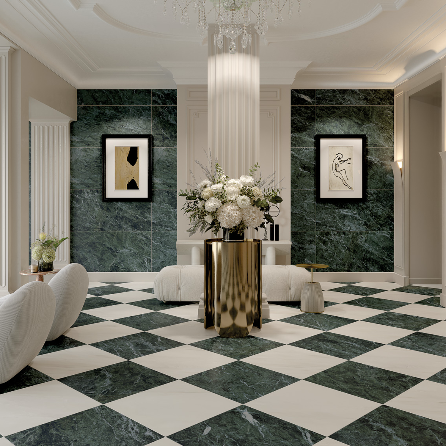 Room featuring Classic Boutique - Alpine Verde dark green marble walls, complemented by a sophisticated black and white checkered marble floor. A gold table adorned with white flowers is surrounded by modern white chairs, while abstract art adds creative flair to the walls. A large chandelier hangs from the ceiling, completing the elegant setting.