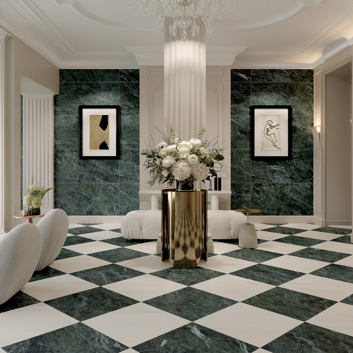 A sophisticated room showcasing Classic Boutique - Delicato Bianco marble floors in a black and white checkered pattern, complemented by dark green marble walls. The space is furnished with sleek white modern chairs, a gold table adorned with white flowers, and two framed art pieces. Ornate columns, intricate moldings, and an elegant chandelier complete the look.
