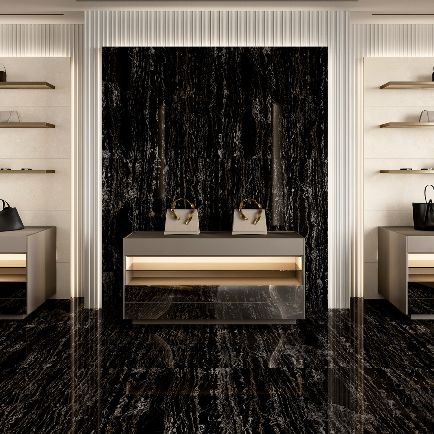Experience the Classic Boutique - Regalia Nero: a luxury display with marble walls and floors, showcasing two handbags on a central table. Shelves on either side hold additional handbags, all illuminated by elegant lighting within a modern, minimalist space.