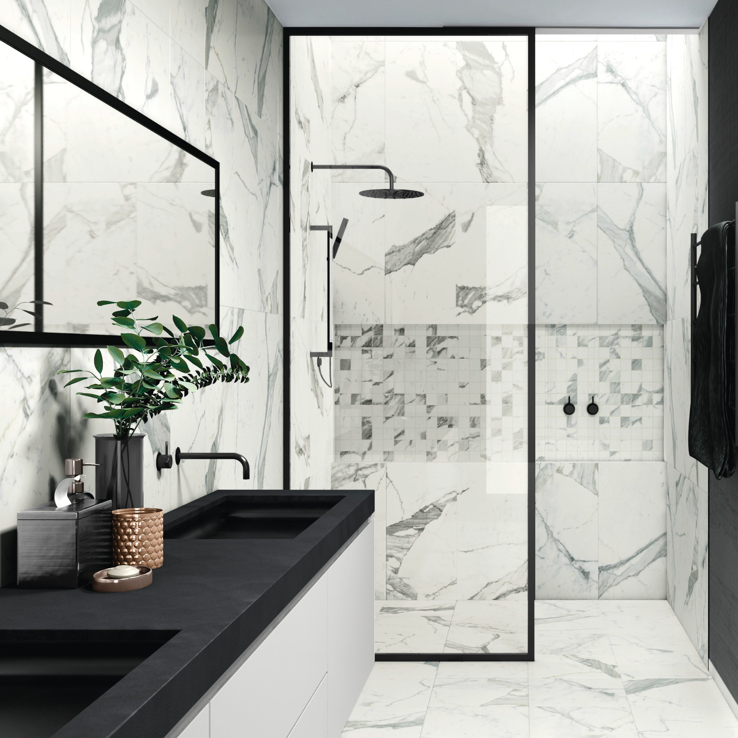 Modern bathroom featuring Classic - Statuarietto white marble walls and floor, complemented by a black countertop and fixtures, a large mirror, lush plants, a walk-in shower with glass partition, and neatly arranged toiletries.