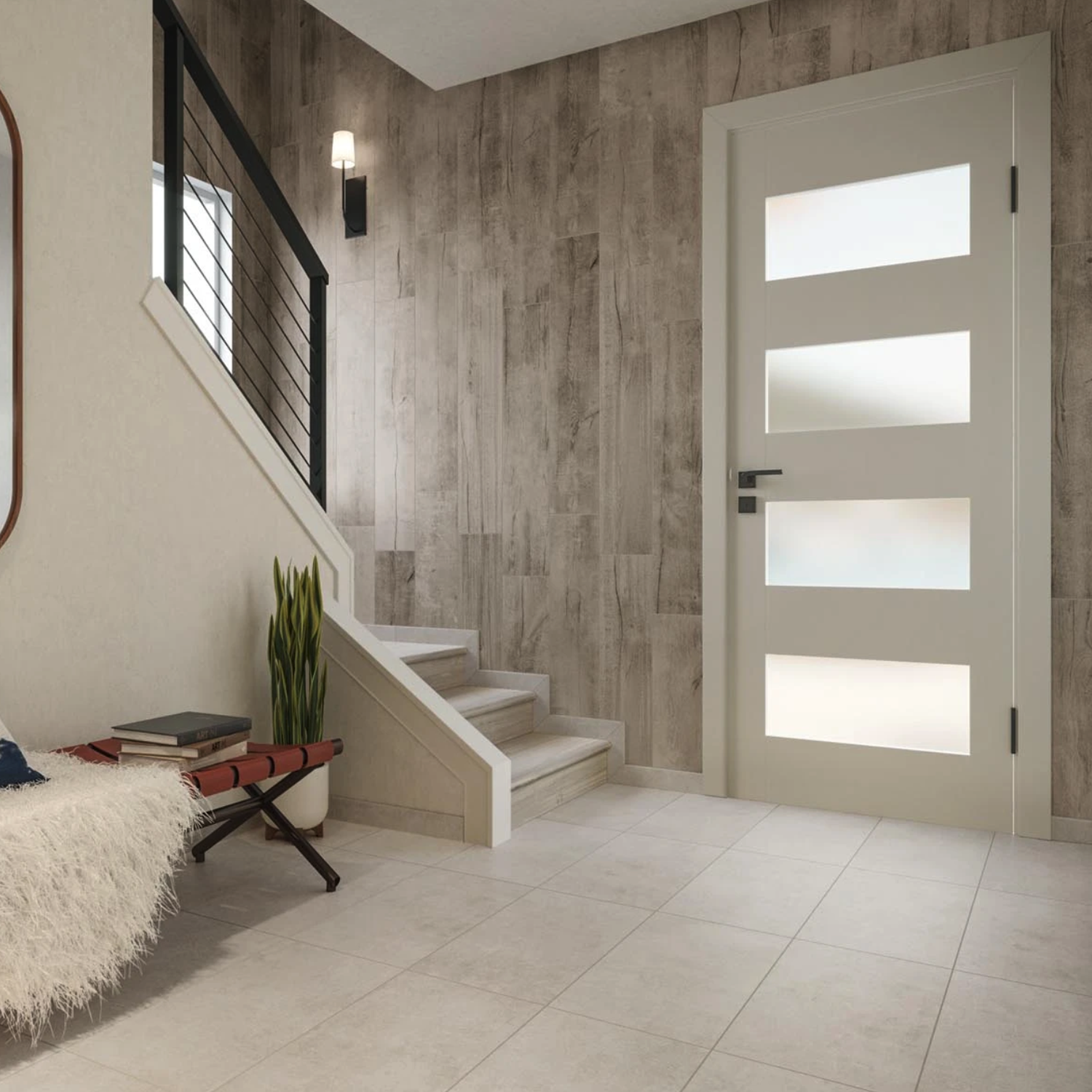 Modern entryway with tiled floor, a white door with frosted glass panels, a staircase with black railing, a bench with cushion, a plant, and wall light. The space features Cove - Breeze wood-textured wall panels that add warmth.