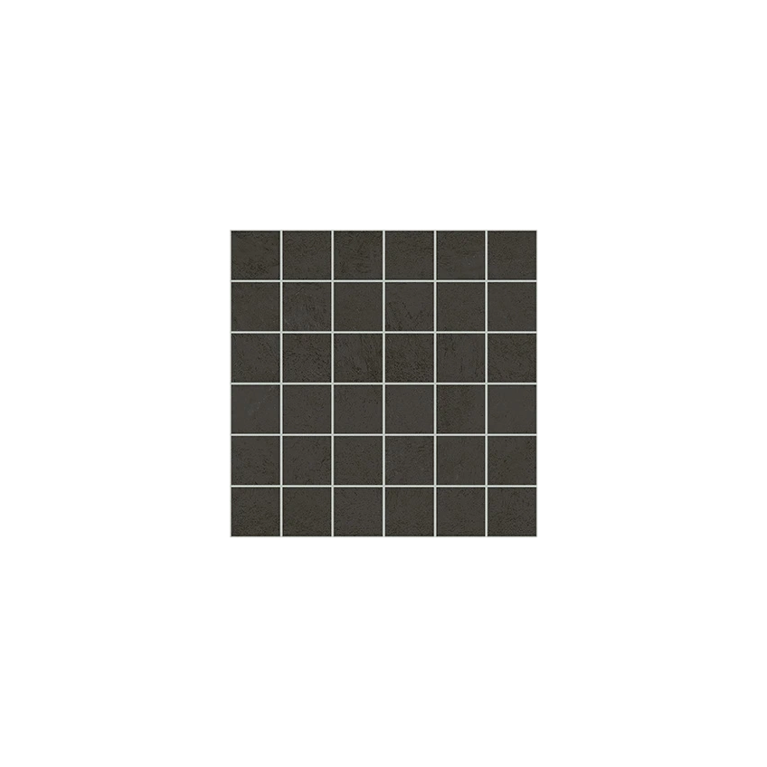 A grid of 36 small, black square tiles from the Cove Terra - Black collection is arranged in a 6 by 6 pattern on a white background.