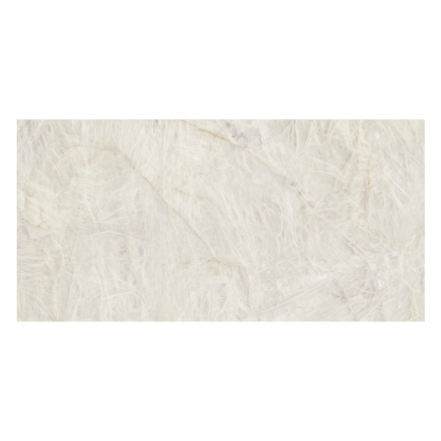 Crystal White Bookmatch is a rectangular tile showcasing a light gray and white marble-like texture, highlighted by subtle veining and natural stone patterns on a smooth, glossy surface.