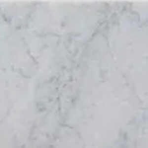 A bathroom corner with a glass shower enclosure features light gray and white hexagon floor tiles, while the shower curb is finished with Curbs - Venatino Carrara and the walls are completed with marble tile and white paneling.