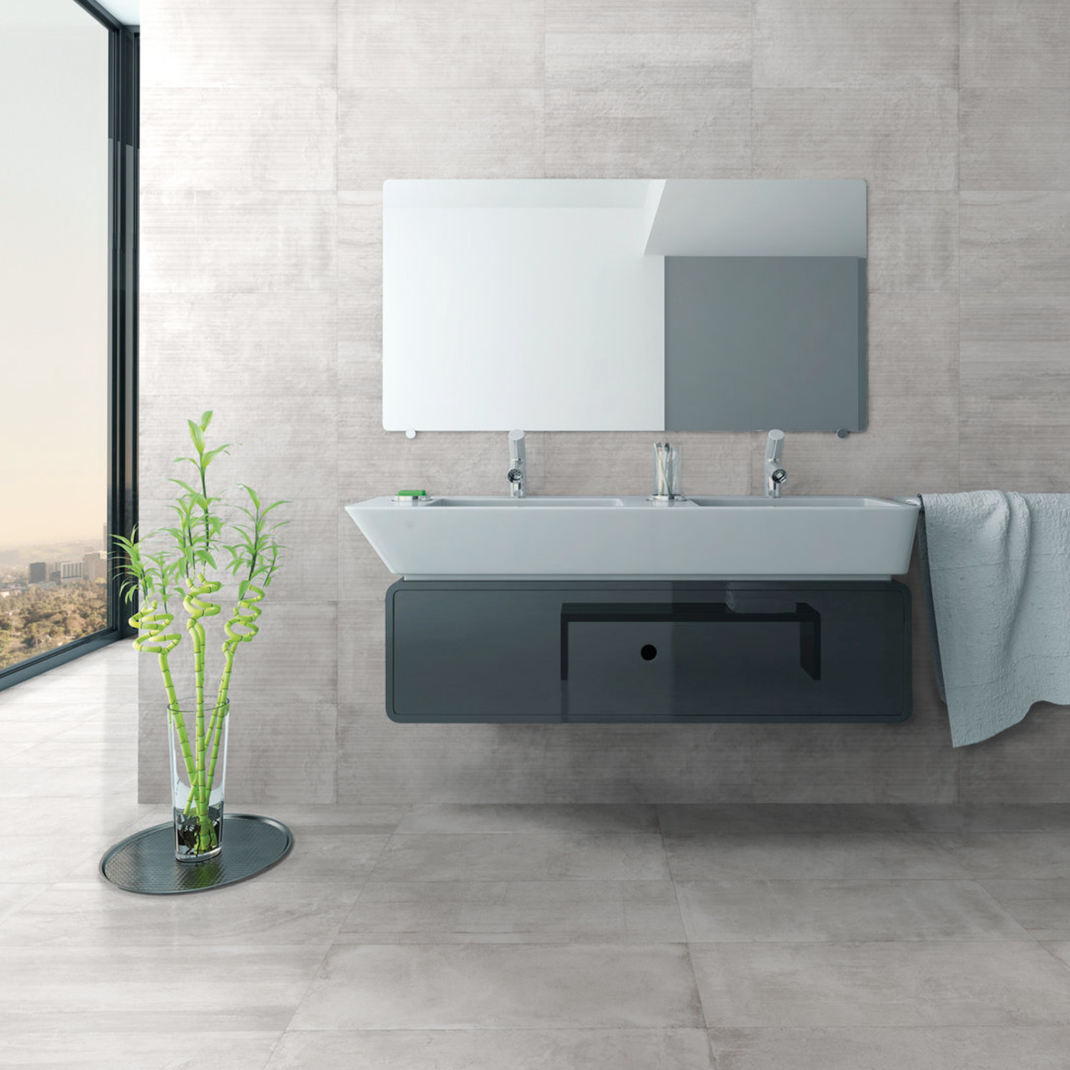 The modern bathroom features neutral-toned, minimalist decor with Ecocrete - Melted Ice surfaces, a dual sink, large mirror, and a towel on the counter. A glass vase with curly bamboo sits on the floor near a large window overlooking the city.