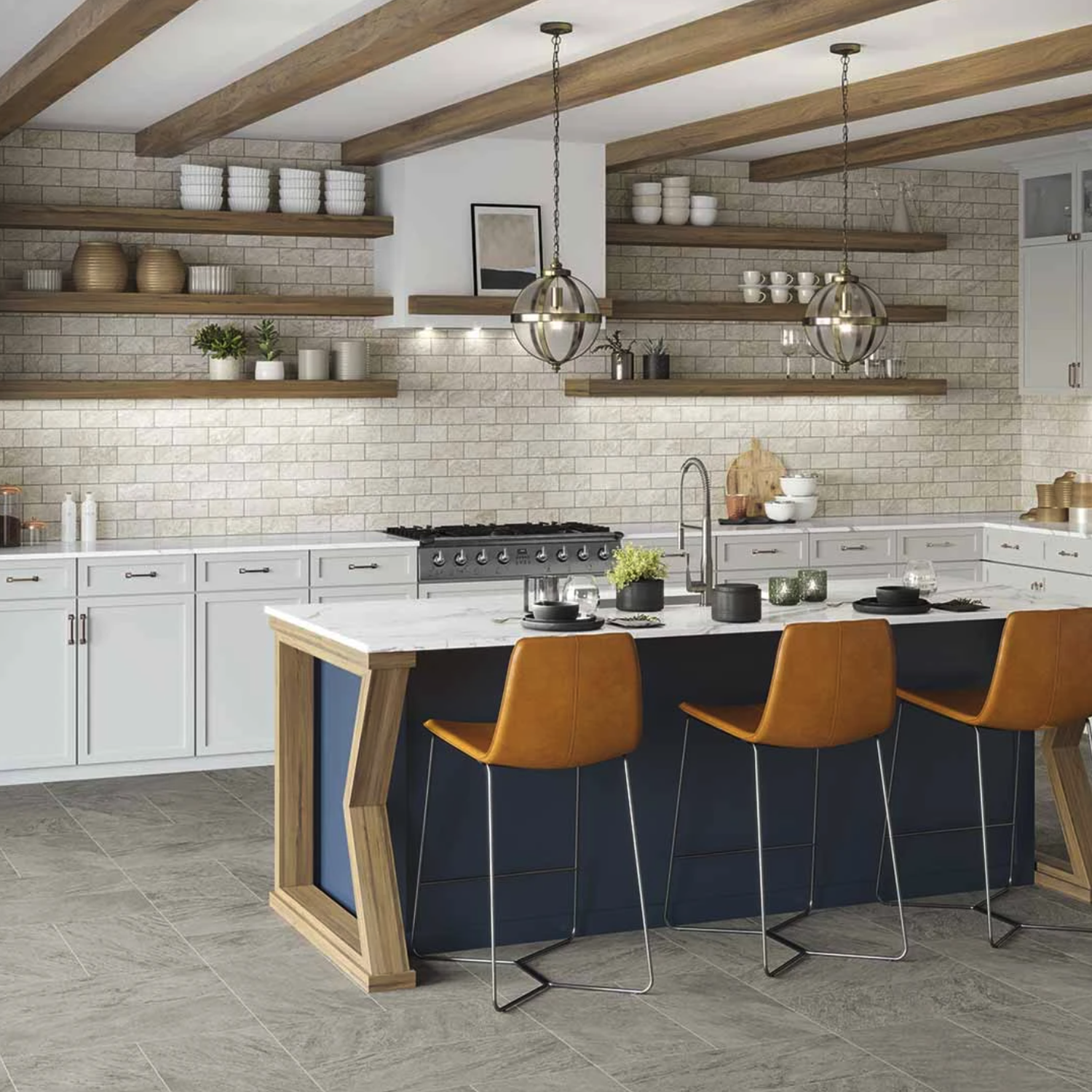 Modern kitchen featuring Element - Gray cabinets, open wooden shelves, brick backsplash, and a navy island. Three brown barstools are at the island, and two pendant lights hang above. Wooden beams cross the ceiling.
