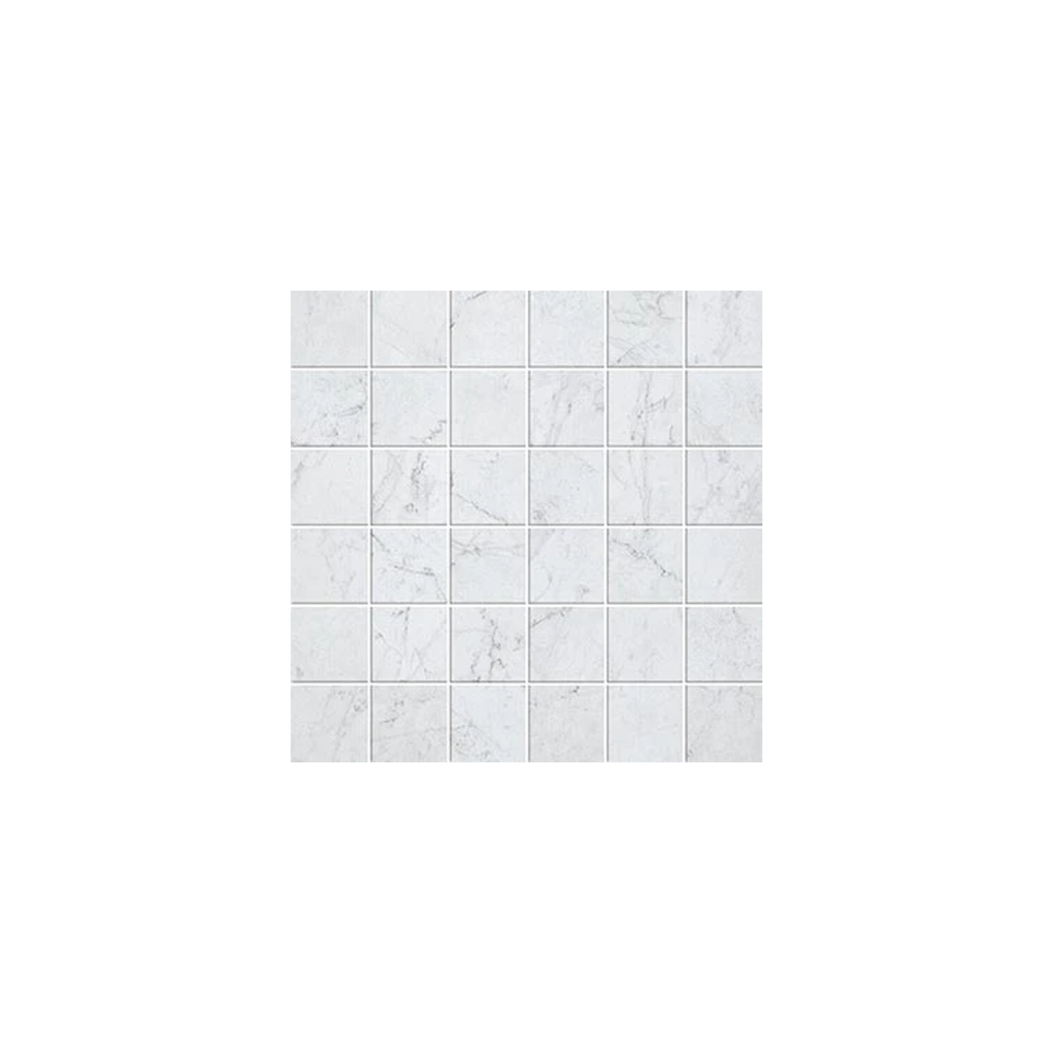 Grid of 36 Eon - Carrara white marble tiles featuring subtle gray veining, arranged in a 6 by 6 square pattern on a plain white background.