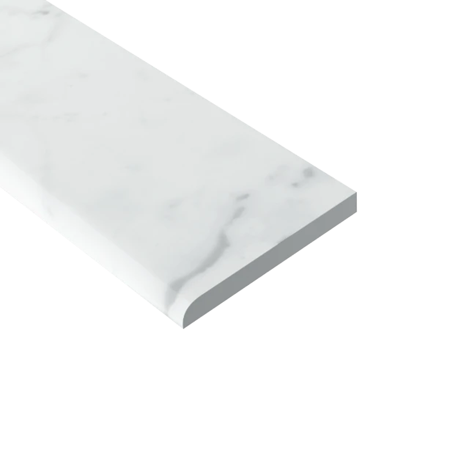 Eon - Carrara rectangular white marble slab with subtle gray veining, displayed against a white background. One long side features a rounded edge, while the other sides have straight edges.