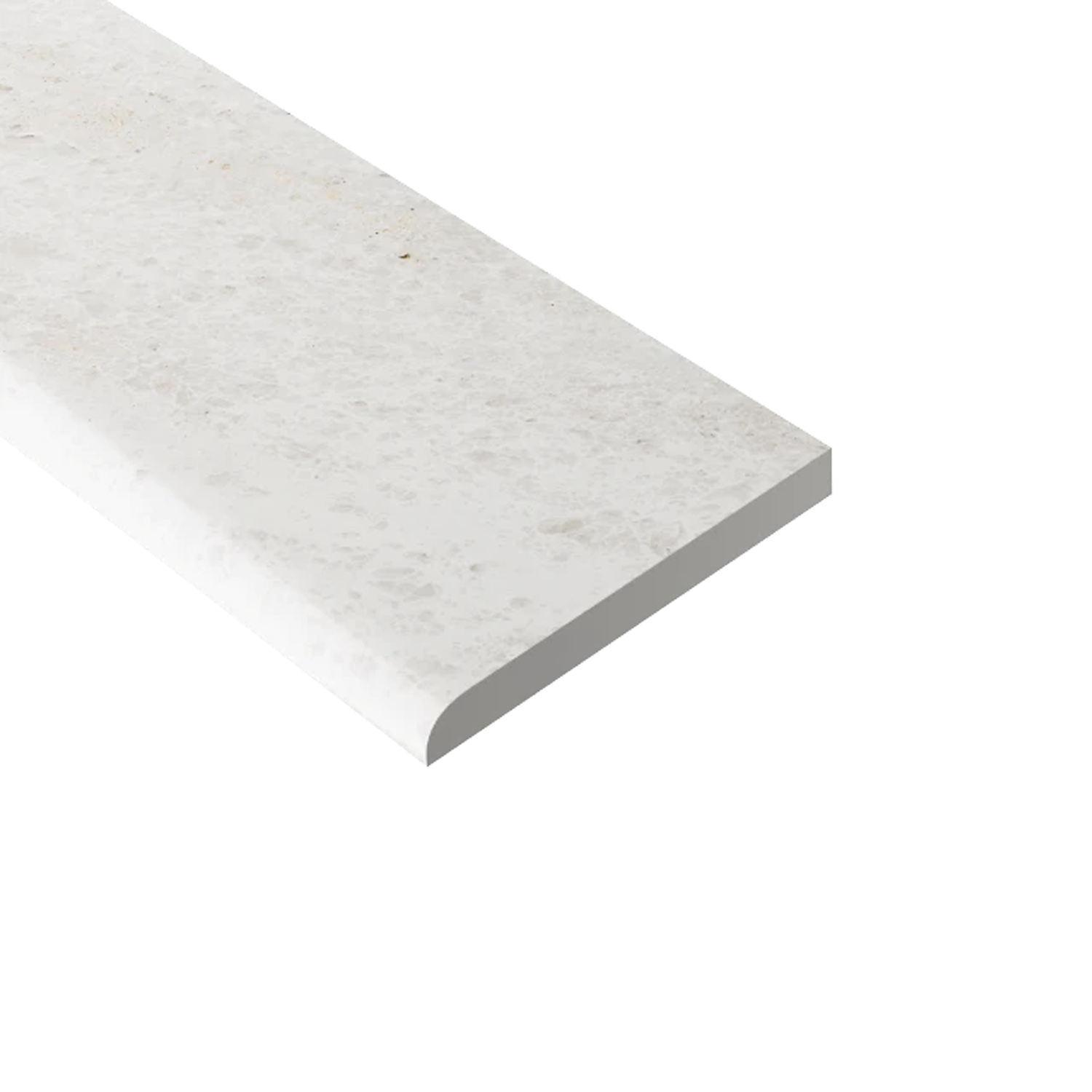 A rectangular "Eon - Eldorado" white quartz countertop edge with subtle gray speckles, displayed on a white background. The edge features a rounded side and a sharply cut opposite side.