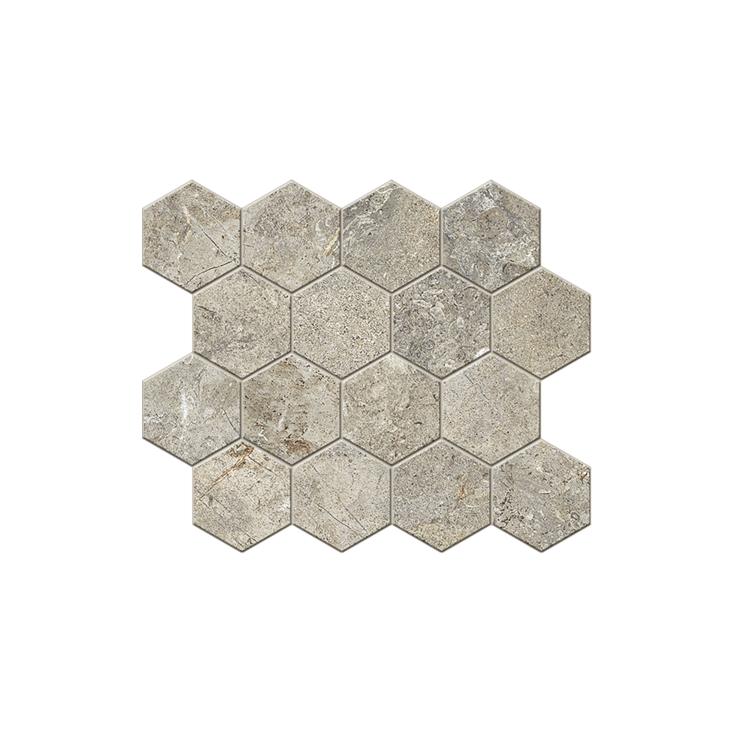 A sheet of Everstone - Ever Brown hexagonal tiles with a light gray, stone-like textured appearance, arranged in a staggered pattern on a white background.