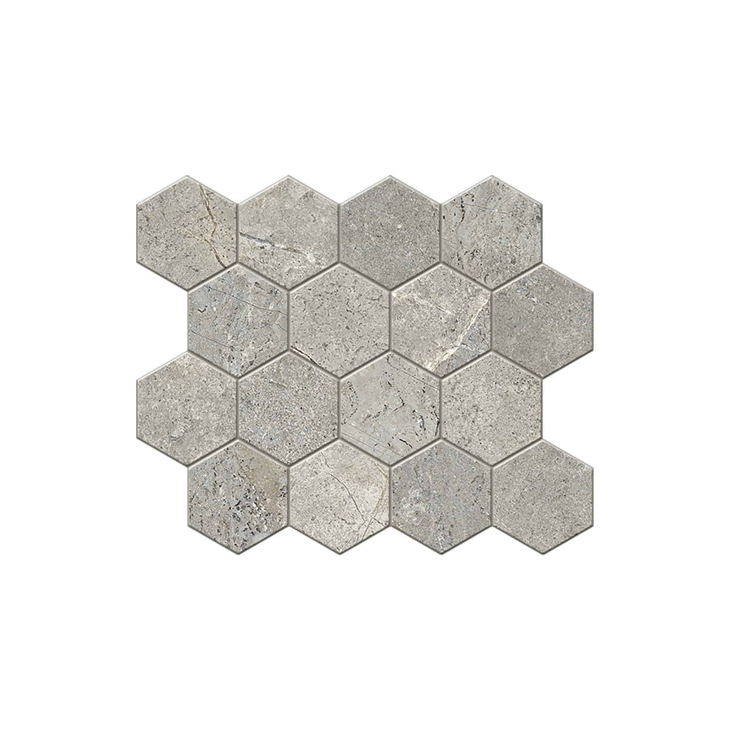 Everstone's Ever Greige tiles feature a sophisticated gray stone look, arranged in a honeycomb hexagon pattern to create a clean, geometric mosaic with subtle texture and color variation on a white background.