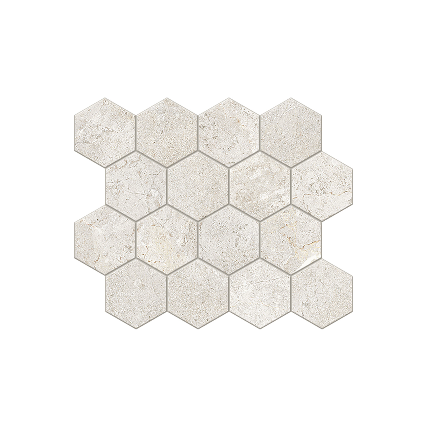 Everstone - Ever White tiles, featuring a light grey stone pattern, are arranged in a honeycomb layout to create a geometric and symmetrical mosaic design.