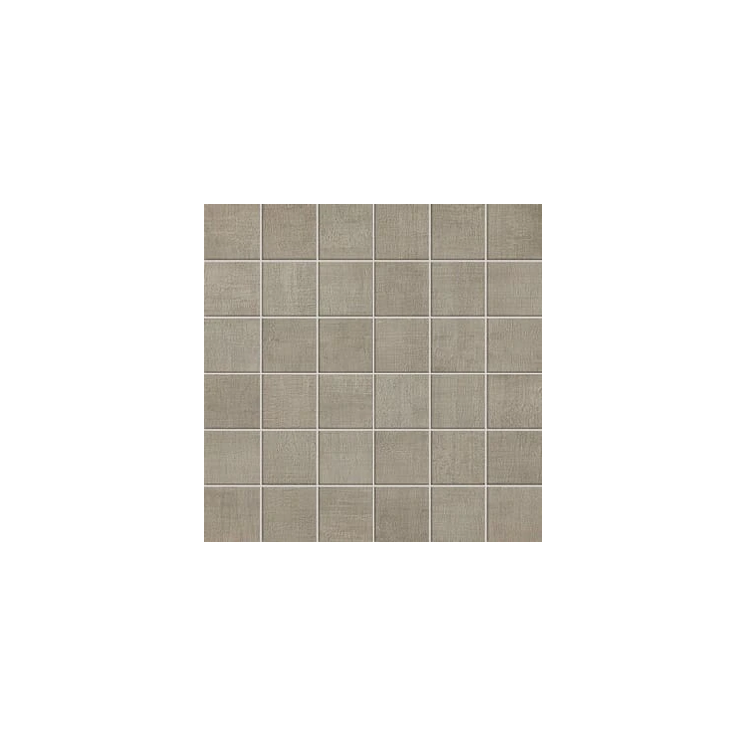 A square grid of small, textured Fray - Gray tiles arranged in six rows and six columns, each tile separated by thin white grout lines.