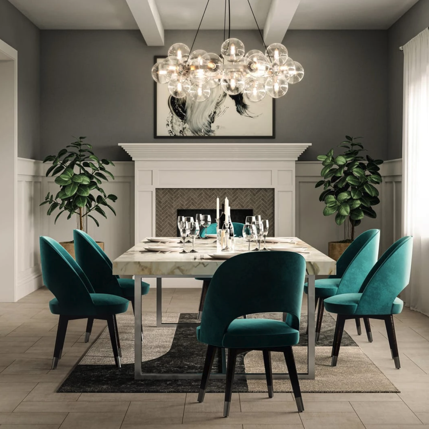 Modern dining room featuring the Fray - Taupe table, six teal velvet chairs, a glass bubble chandelier, two potted plants, and a fireplace with abstract art above it. Light streams in from a window with white curtains.