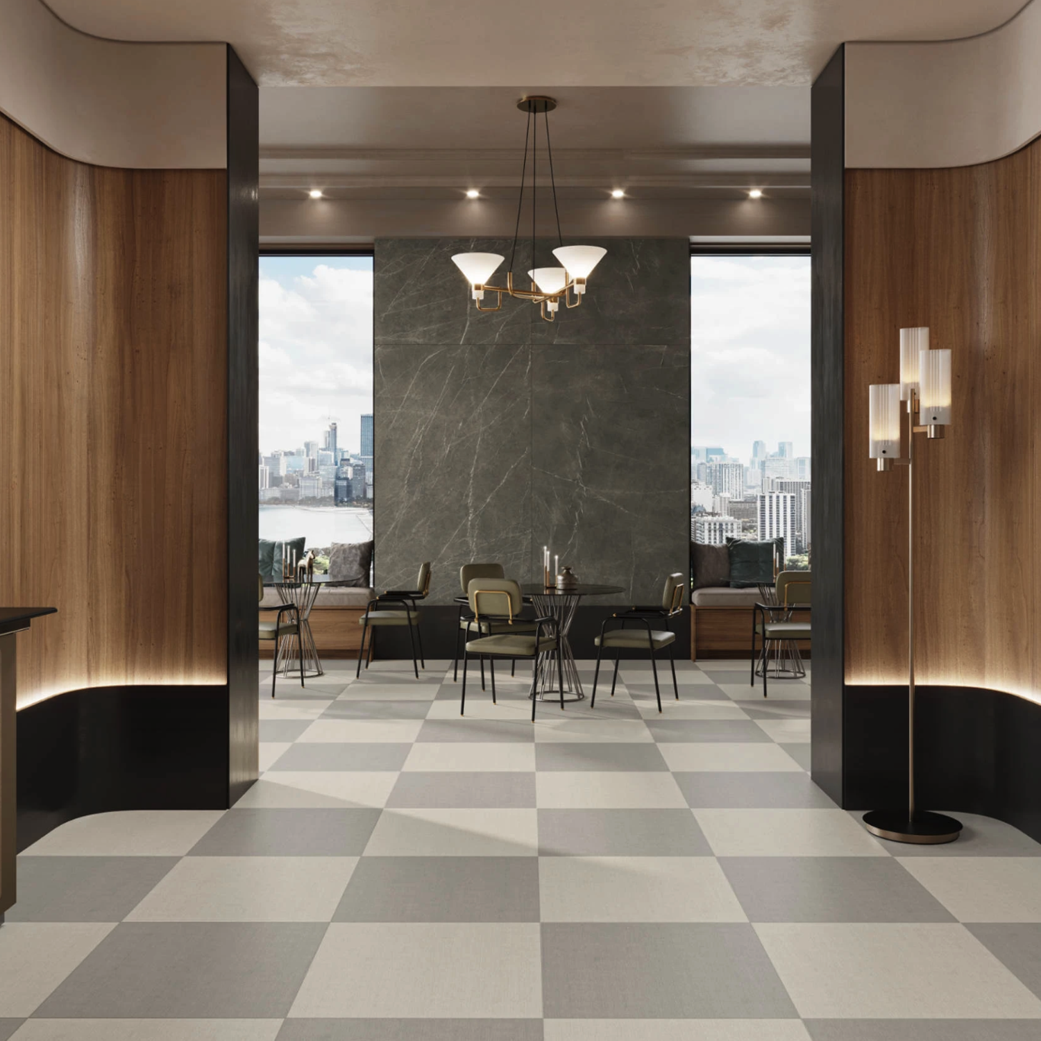 Contemporary dining area featuring Fray X - Mist tile flooring, wooden wall panels, round tables with chairs, expansive windows overlooking a cityscape, modern ceiling lights, and a striking tall black marble accent wall at the center.