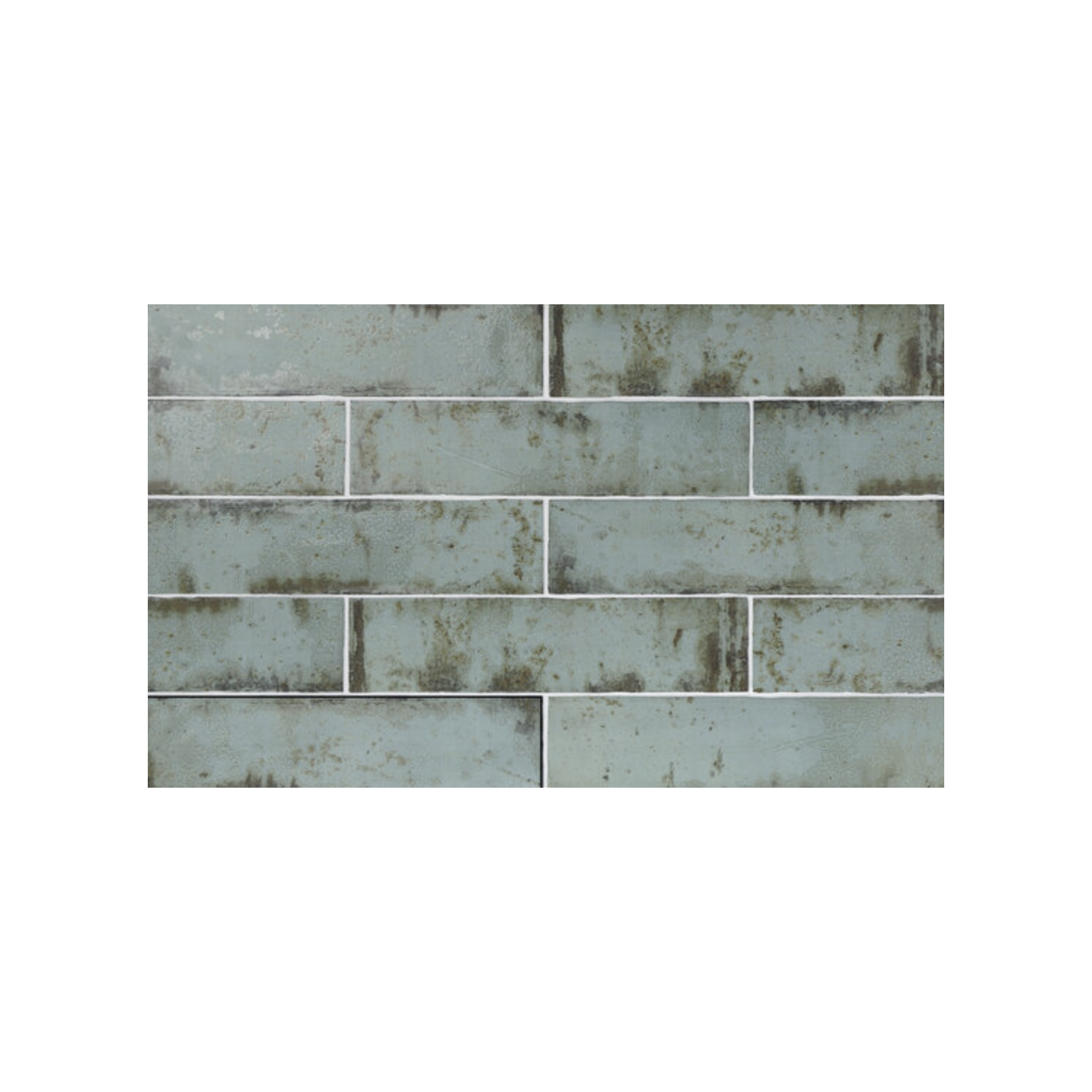 Grunge - Aqua tiles feature a rectangular shape in a gray-green shade, arranged in a staggered brick pattern with visible grout lines and a subtly mottled, weathered texture.