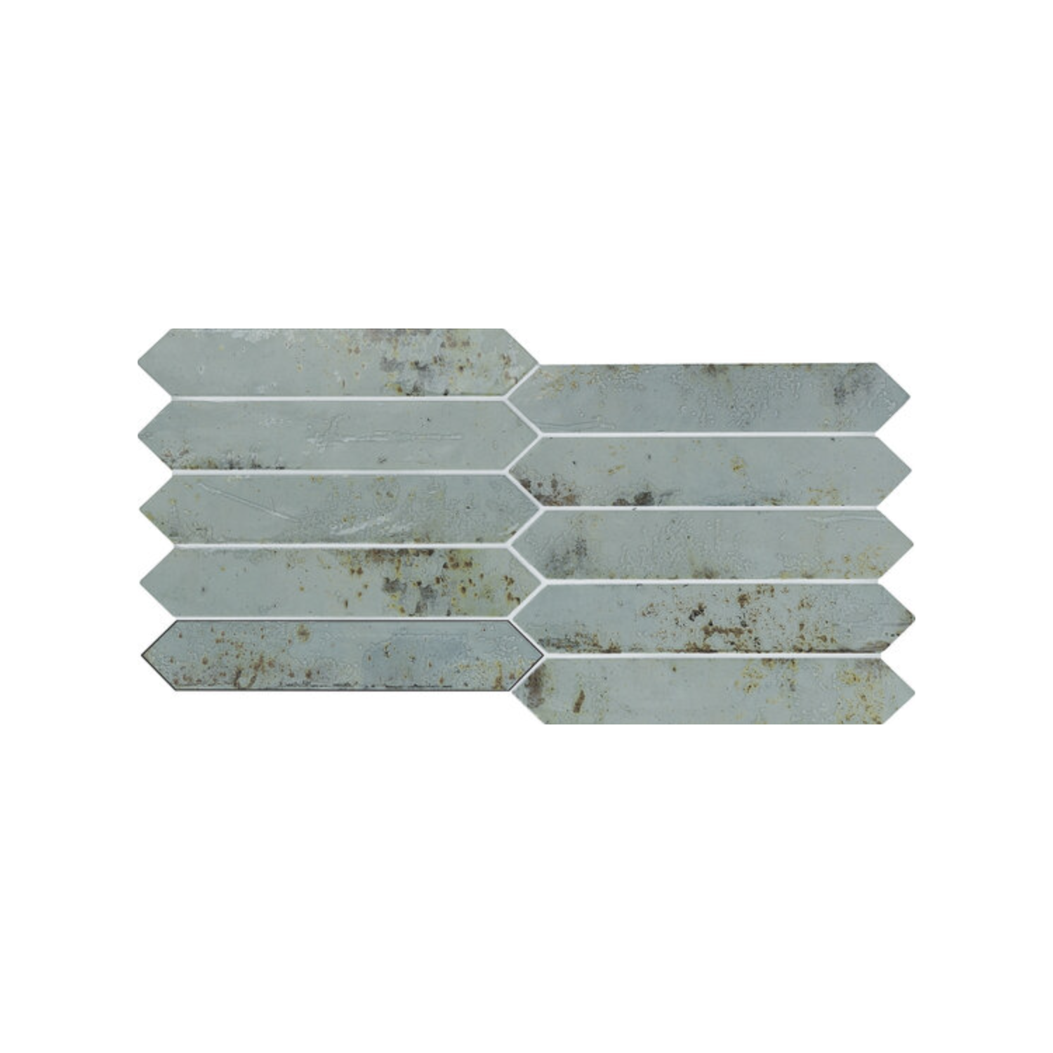 Eight rectangular Grunge - Aqua tiles with angled ends are arranged in a staggered horizontal pattern on a white background. The tiles feature a weathered, speckled grayish-blue appearance.