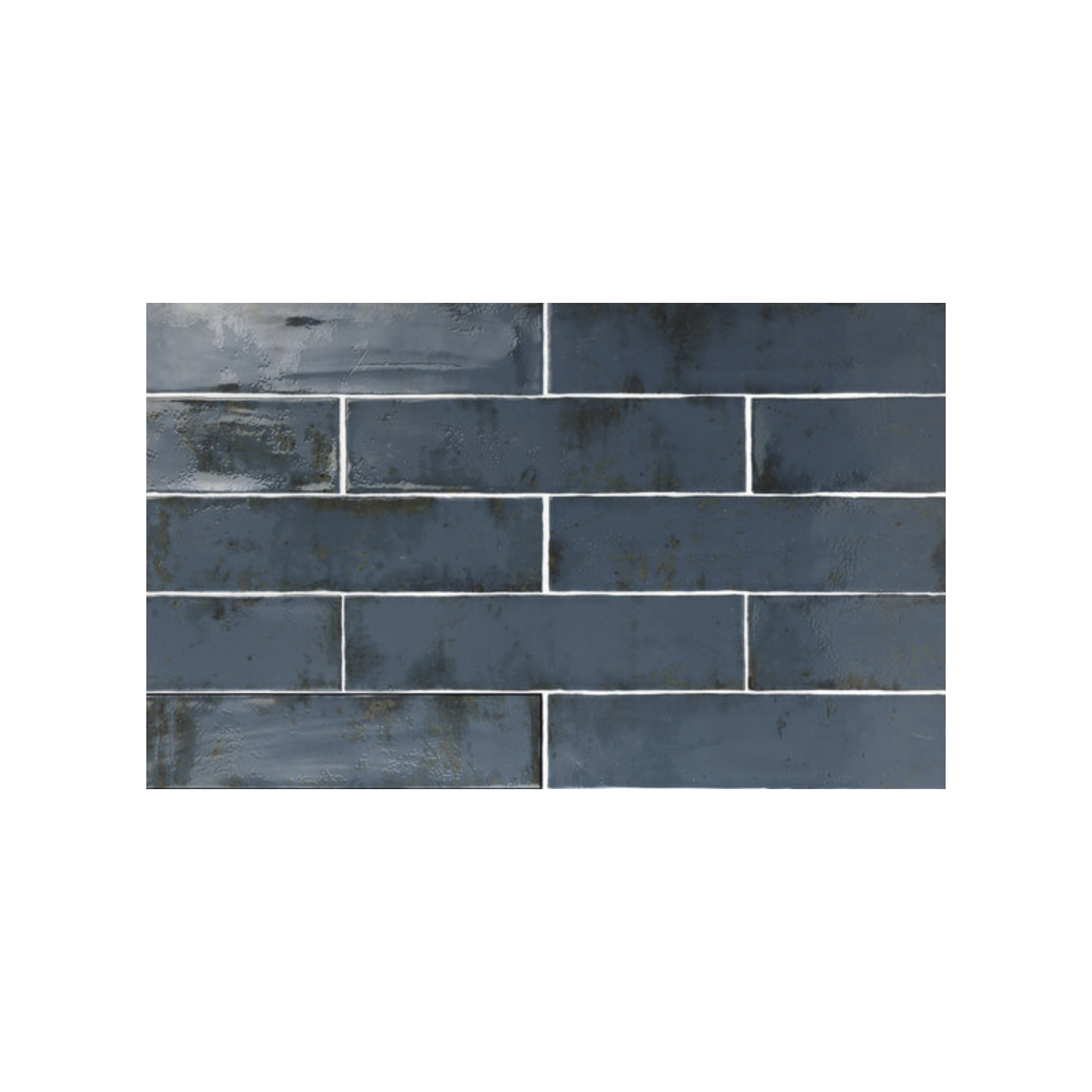 Grunge - Blue rectangular ceramic tiles in a dark blue hue, featuring glossy finish and subtle color variations, are arranged in a horizontal brick pattern.