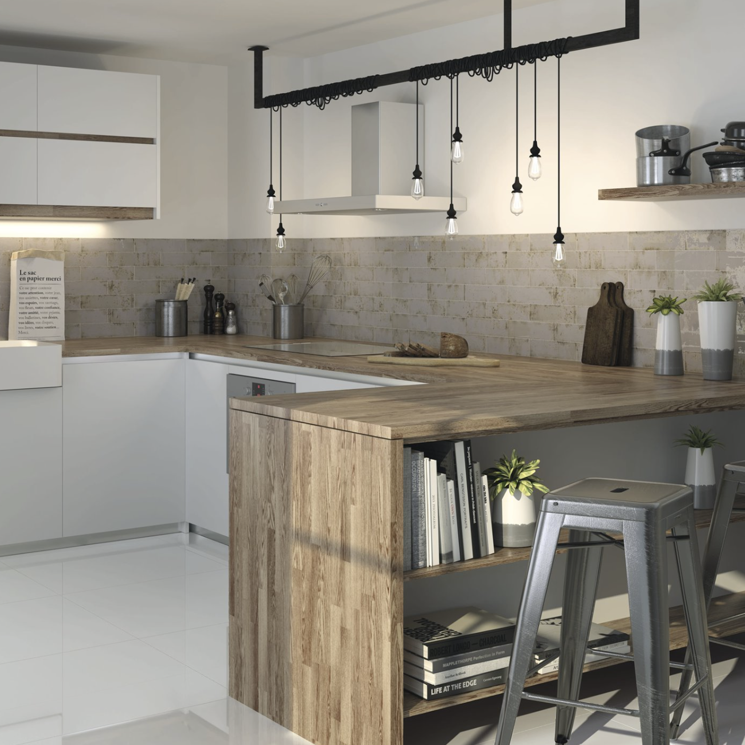 Modern kitchen featuring wood and white cabinets, open shelving, hanging light bulbs, metal barstool, potted plants, books, kitchen appliances, and a Grunge - Grey tiled backsplash. Clean, minimalist design with natural accents.