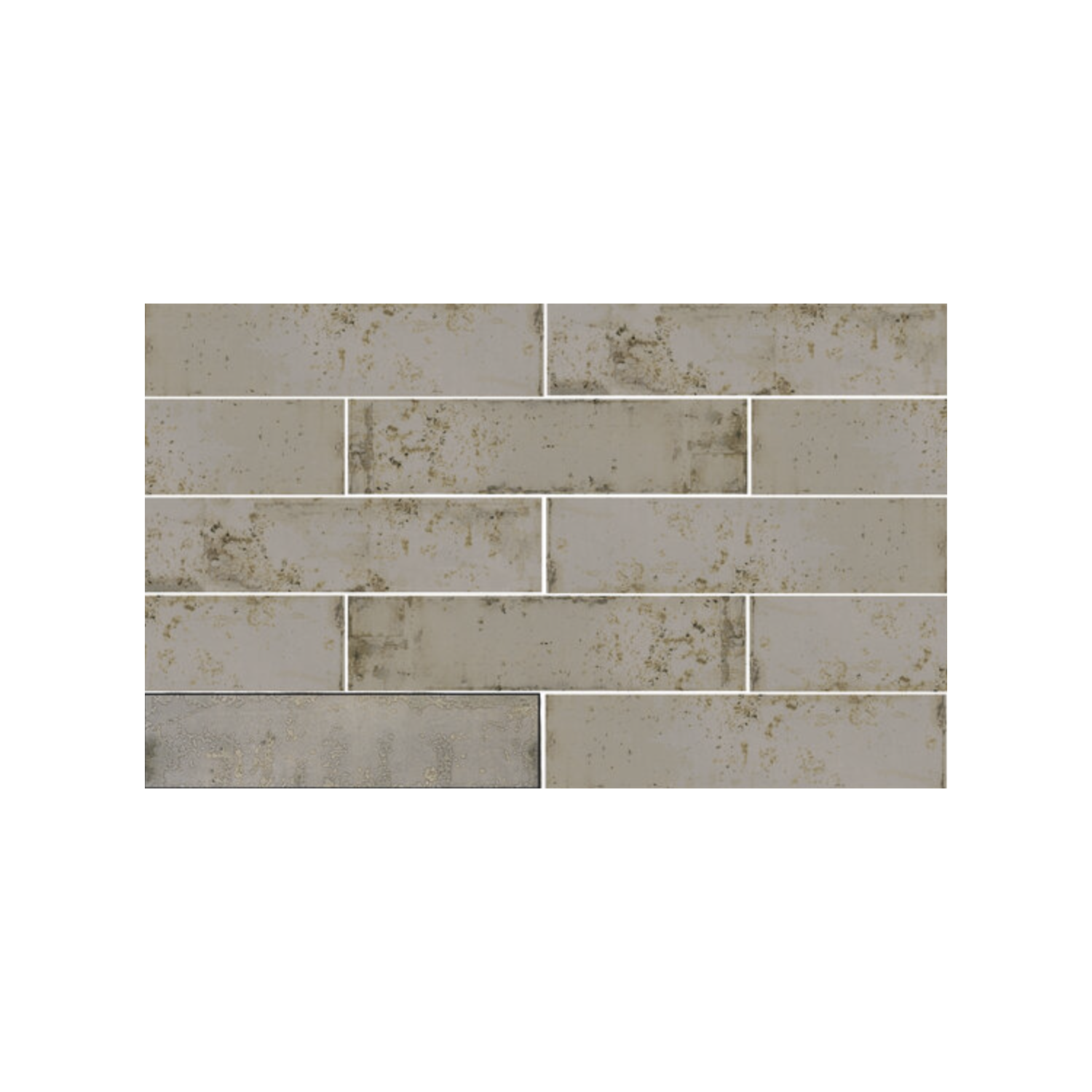 A wall of Grunge - Grey rectangular bricks featuring a light gray, weathered, mottled texture, with one brick in the bottom left corner appearing darker and more worn than the others.