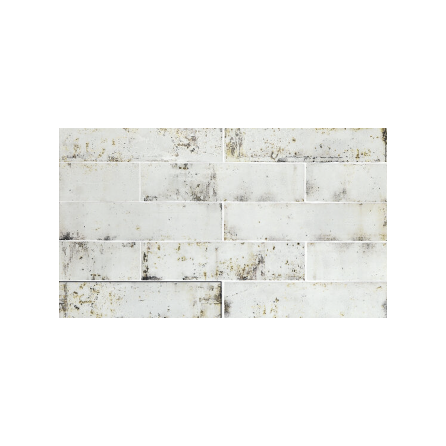 Rectangular Grunge - Iron tiles with a distressed, mottled look in white and gray tones, laid in a staggered brick pattern on a plain white background.