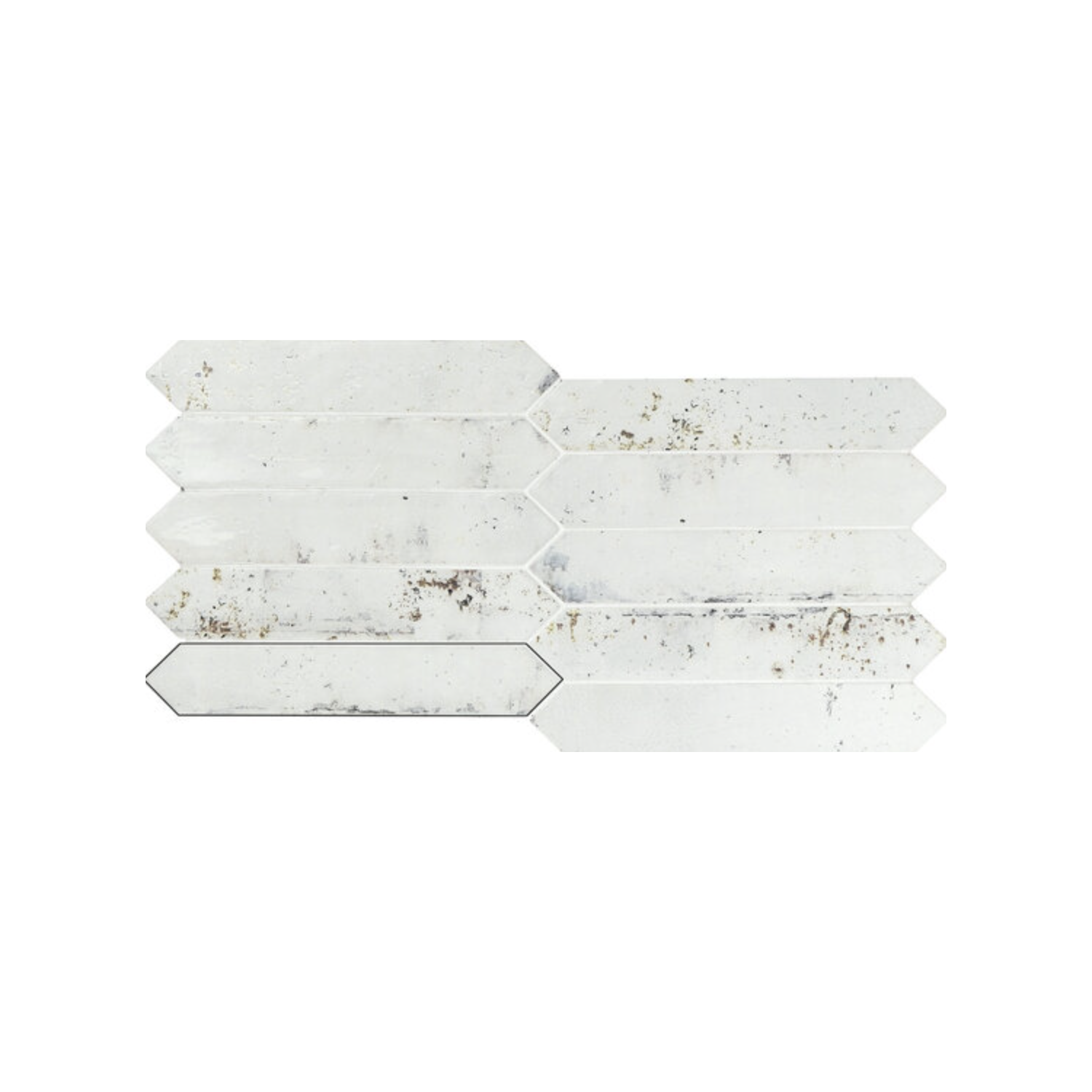 Eight Grunge - Iron rectangular tiles with pointed ends, featuring a weathered white finish, are arranged in a staggered horizontal pattern on a plain white background.