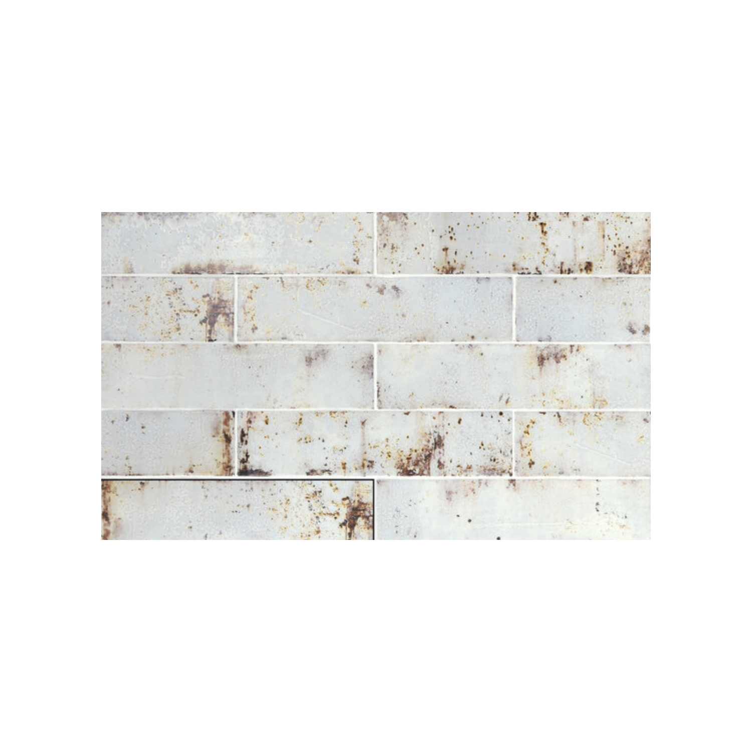 Grunge - Oxide tiles feature a rectangular white design arranged in a horizontal brick pattern, showcasing visible stains and discoloration for a distinct weathered, aged look. Displayed against a plain white background.