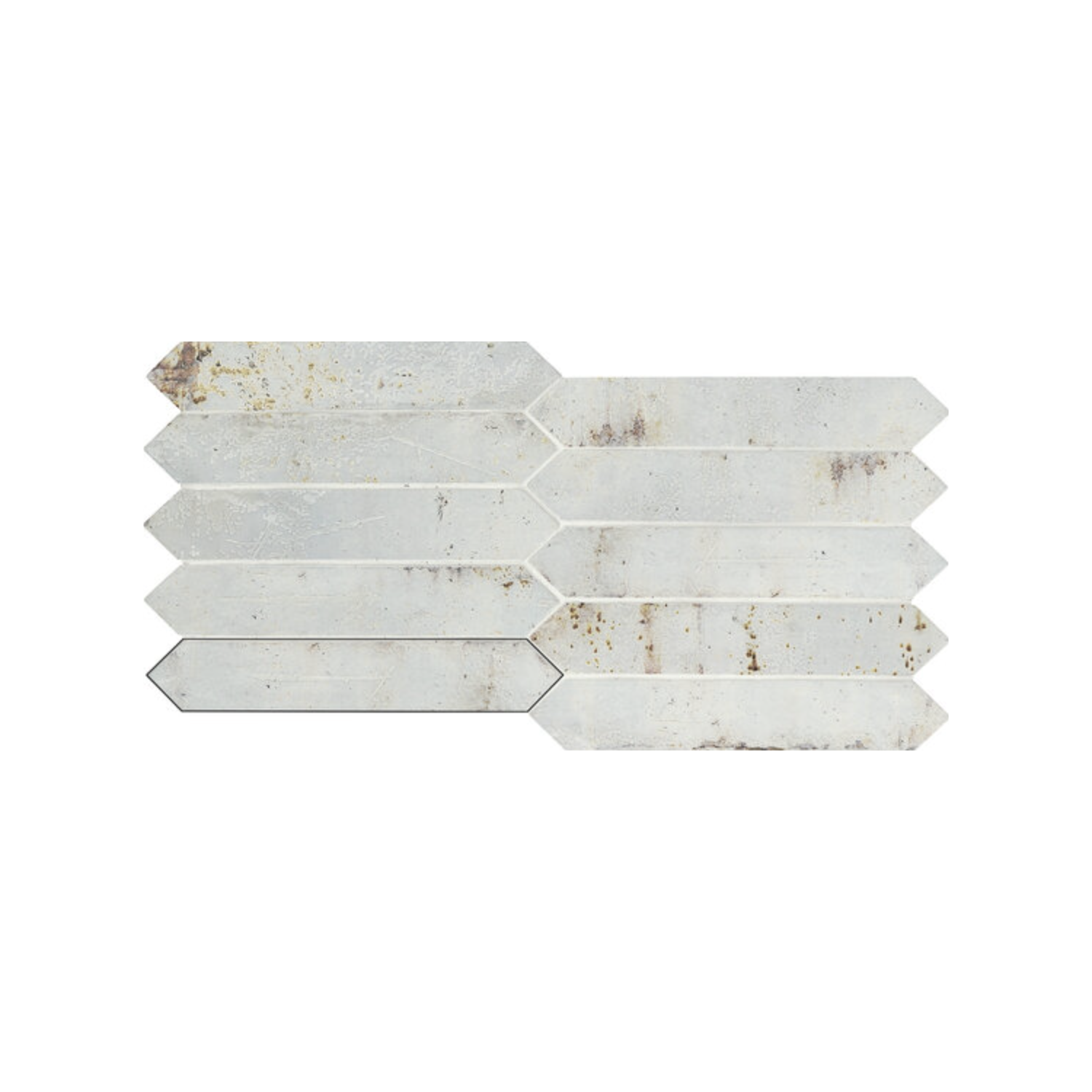 Nine Grunge - Oxide tiles in white, featuring a rectangular shape with pointed ends and a weathered, slightly rusty textured finish, arranged in a staggered zigzag pattern on a white background.