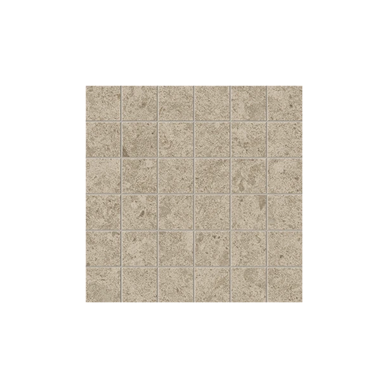 A square grid of 36 small Legacy Limestone - Clay tiles, featuring a light brown textured finish, arranged in a 6 by 6 pattern with thin grout lines between each tile, set against a plain white background.