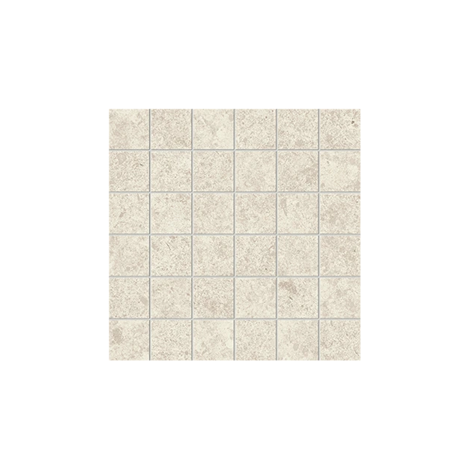 A square sheet of Legacy Limestone - White tiles, featuring small, square light tan ceramic tiles with light grout lines, arranged in a 6 by 6 grid on a white background.