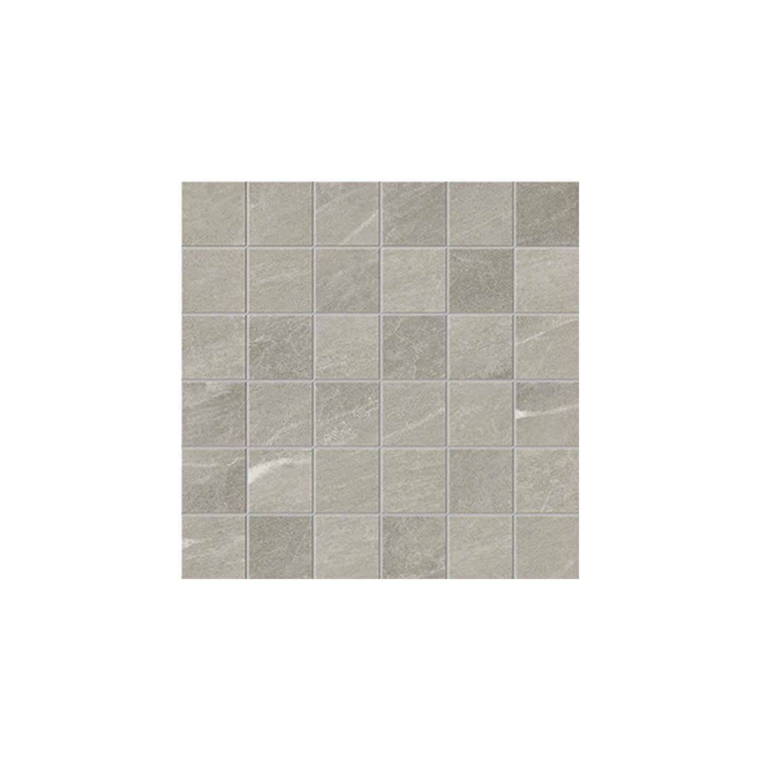 Legacy Marblestone - Dove ceramic tile sheet featuring a grid of 36 small square tiles, each displaying subtly varied textures and shades of gray, evenly arranged with thin grout lines, shown against a plain white background.