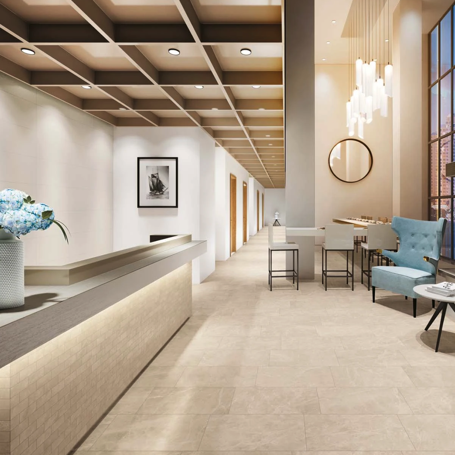 A modern hotel lobby featuring a Liberty - Monument Cream reception desk, elegant ceiling lights, a blue chair, tall windows, flowers in a vase, and a long hallway with doors along the left wall.