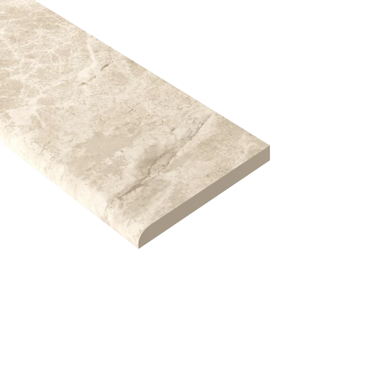 A close-up view of a single piece of Liberty - Monument Cream threshold with a rounded edge, displayed on a white background.