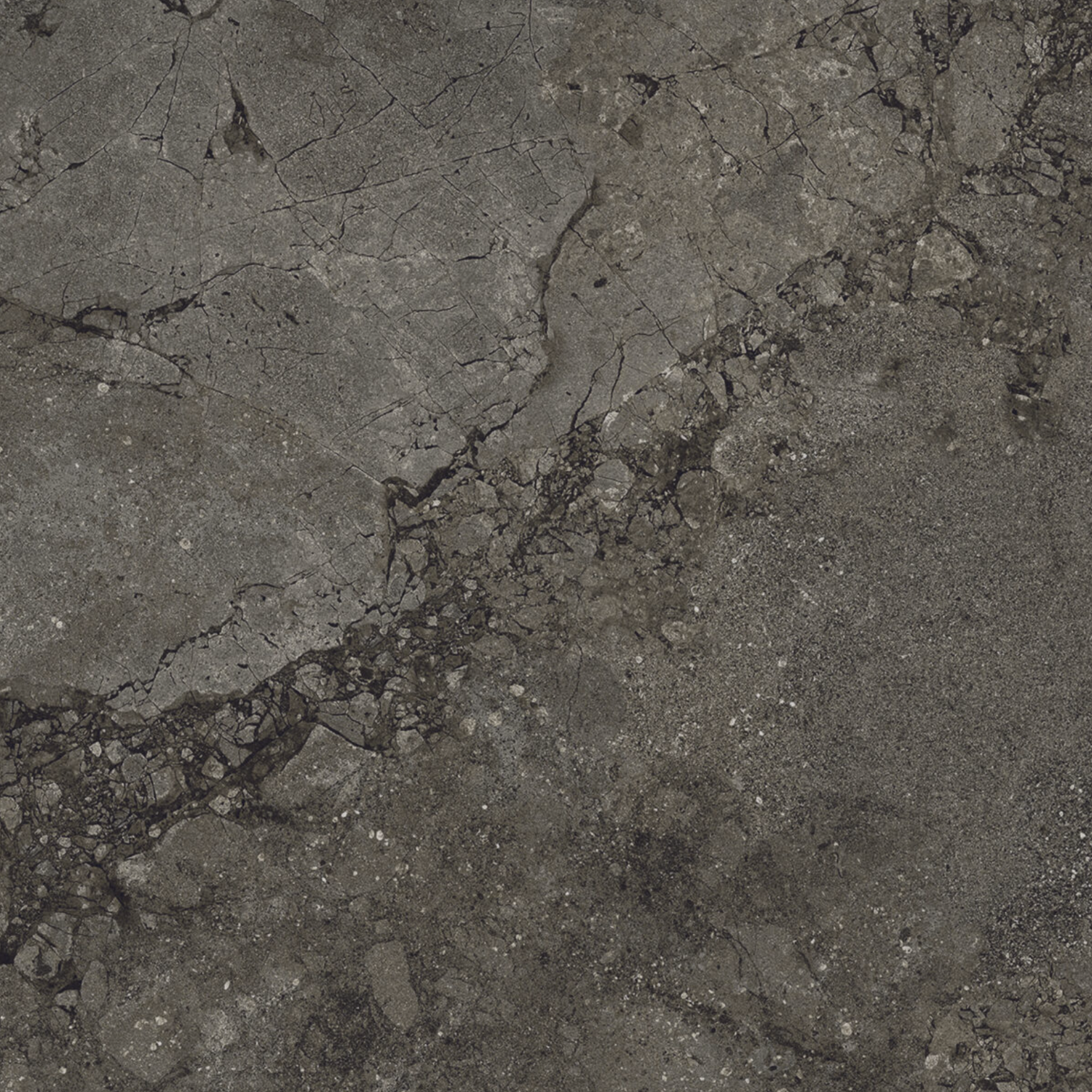 Lythos - Coal features a cracked, weathered asphalt-like surface with various shades of gray, a rough texture, scattered small rocks, and distinct lines and crevices throughout.