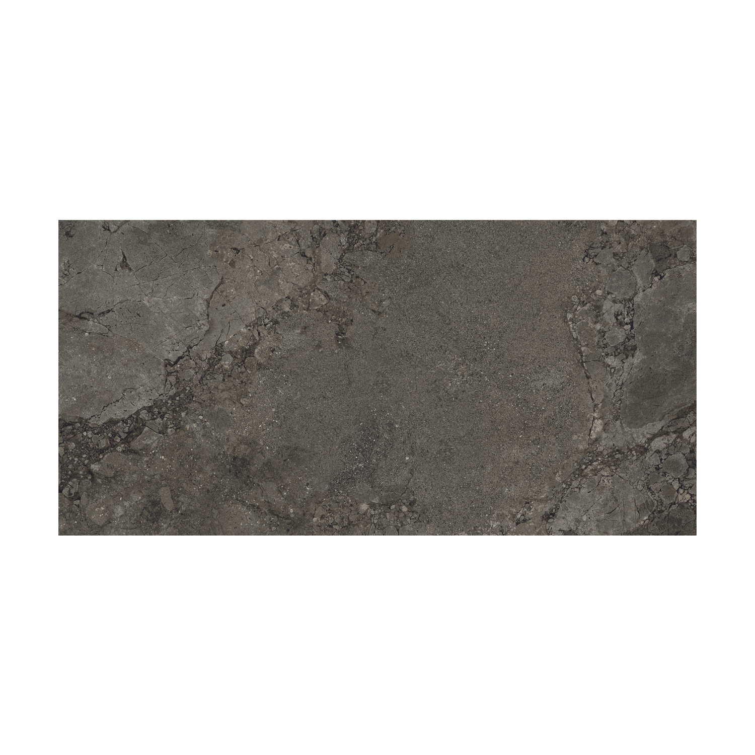 Lythos - Coal is a rectangular dark gray stone tile with a textured, marbled surface featuring subtle veins and natural-looking patterns.
