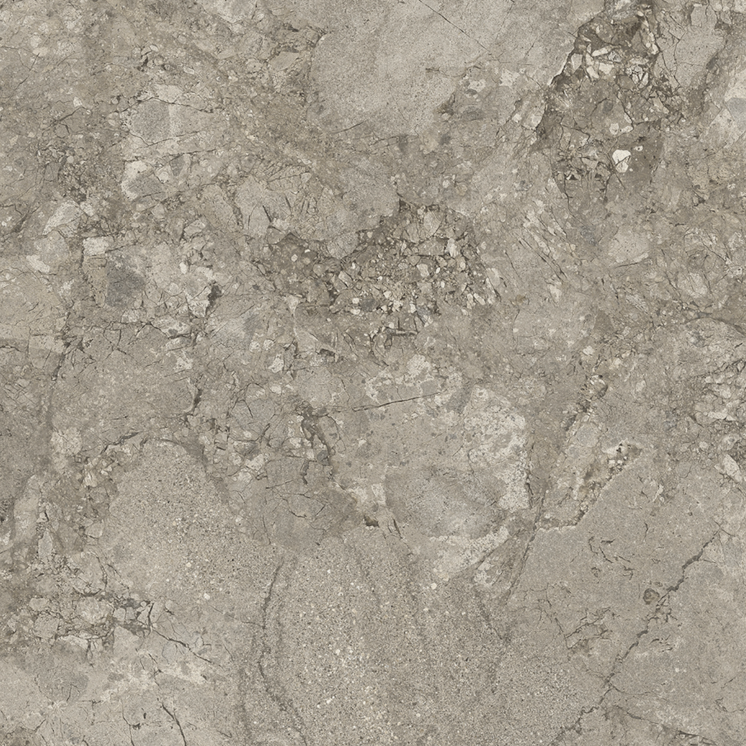 Lythos - Grey features a gray stone surface with mixed textures, highlighting veins and speckles in various shades of gray and beige for a natural marble look.